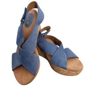 New, Clarks Artisan, Women's Size 9 M, Caslynn Shae Blue Nubuck Wedge Sandals